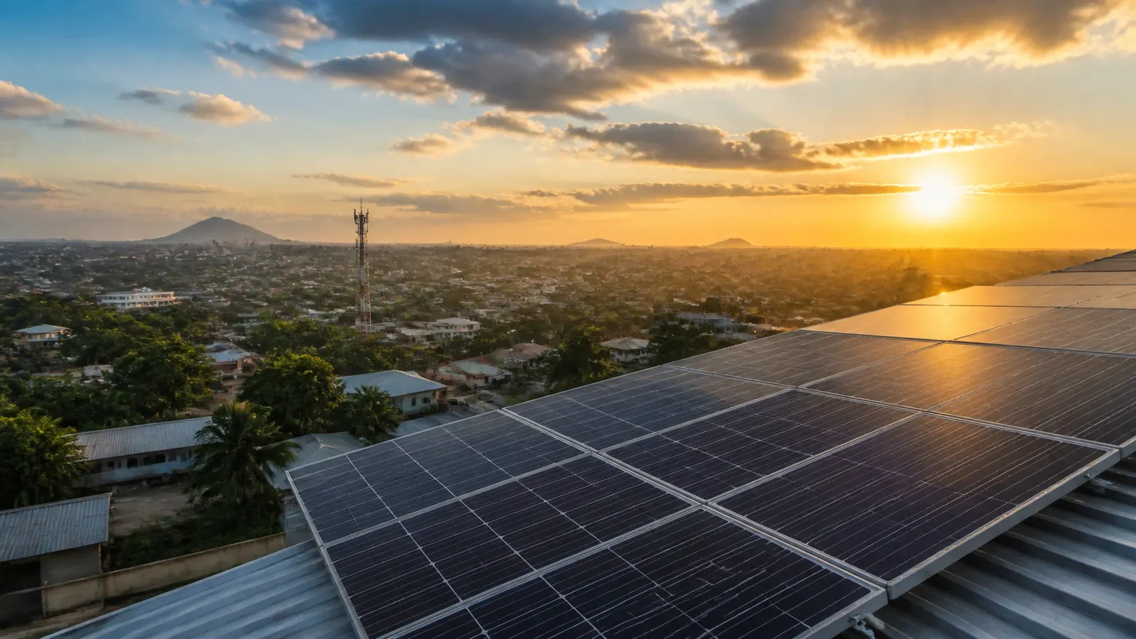 Solar panels catching warm sunlight